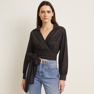 Venus Black Metallic Stripe Wrap Blouse Cropped Tie Waist Long Sleeve Top 12 L